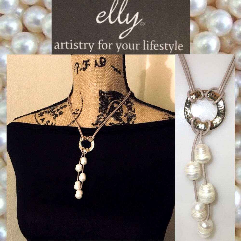 Taupe Leather+Pearl Ringed Lariat Tassel Necklace